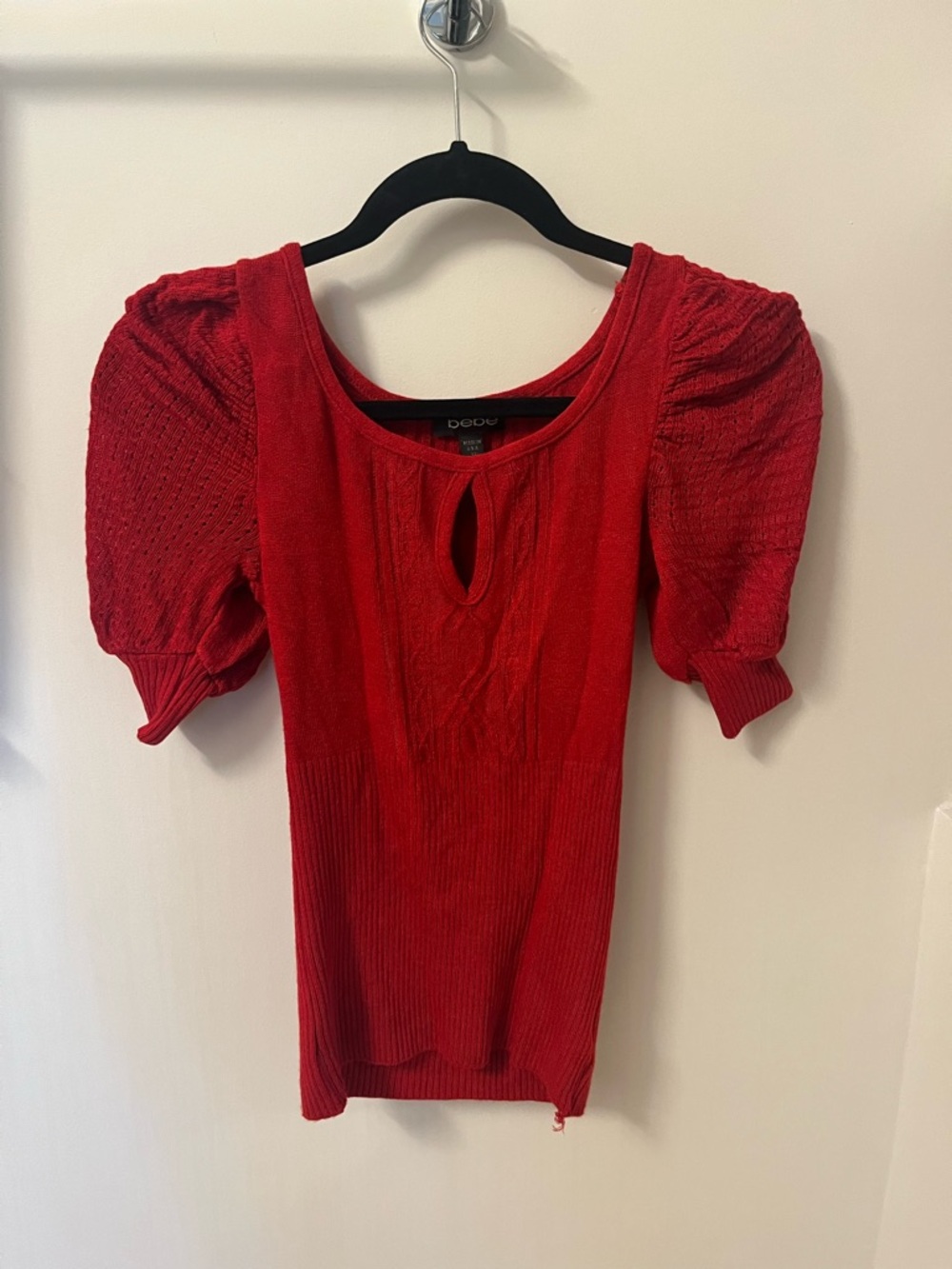 bebe Red Puff-Sleeve Knit Top with Keyhole